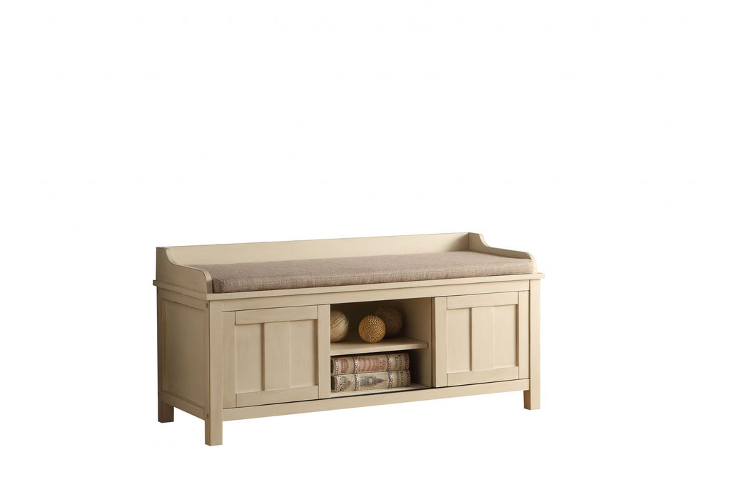 Upholstered Linen Blend Bench With Cabinet - Cream