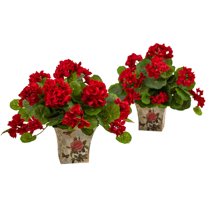 11" Geranium Flowering Plant with Floral Planter (set of 2)