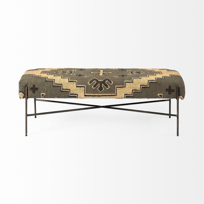 Upholstered Cotton Blend Abstract Bench - Green / Brown / Black