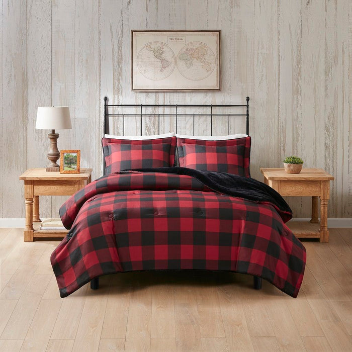 Bernston - Faux Wool to Faux Fur Down Alternative Queen Comforter Set - Red Buffalo Check