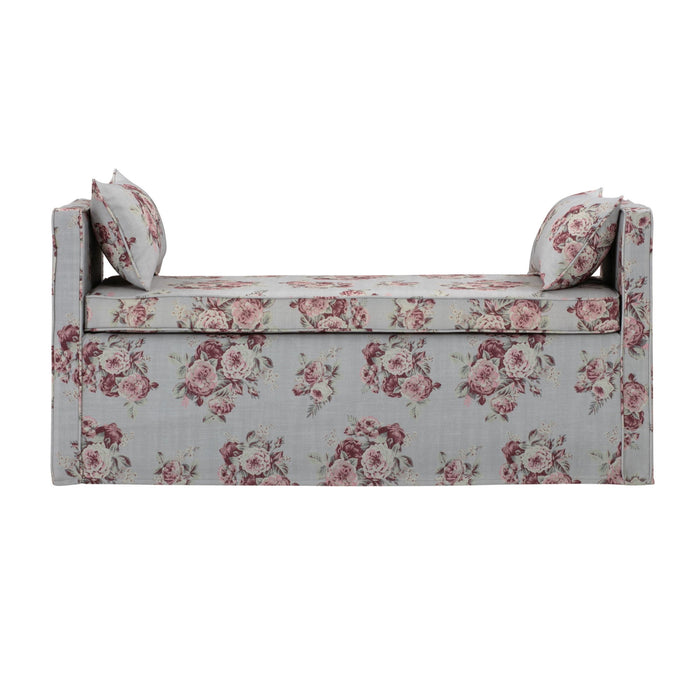 Upholstered Linen Floral Bench - Light Gray / Black