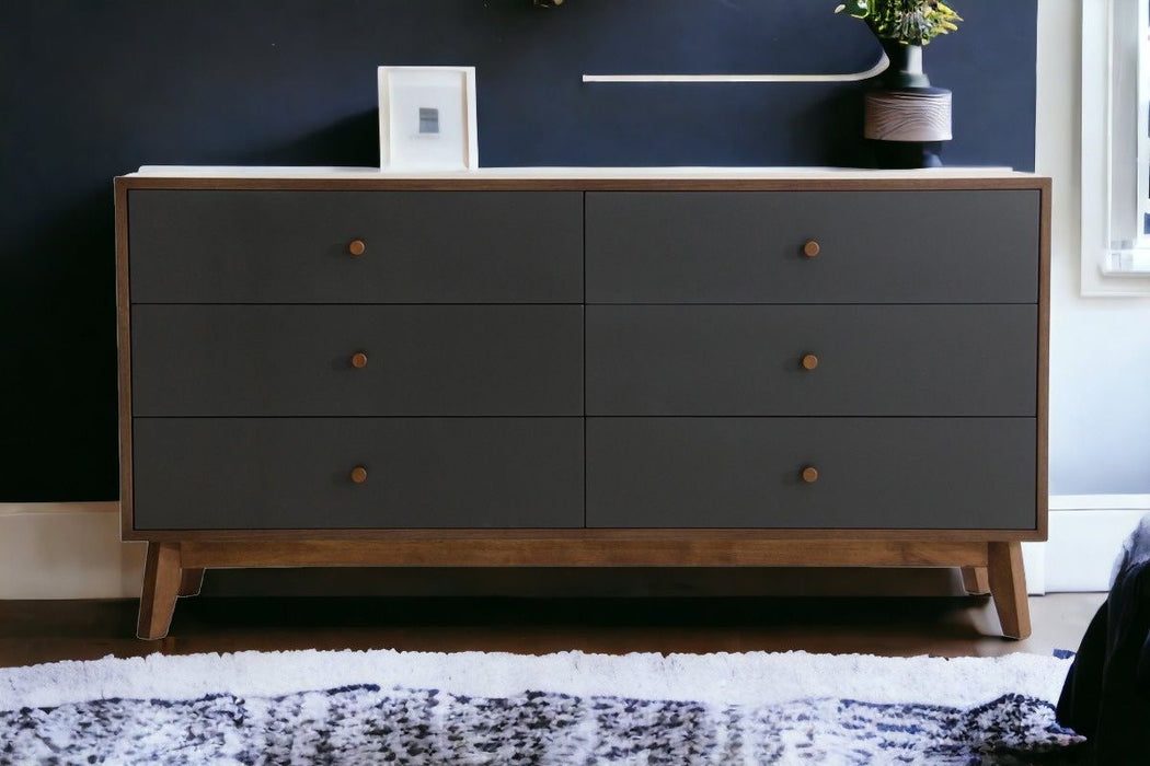 Wooden Six Drawer Double Dresser - Brown