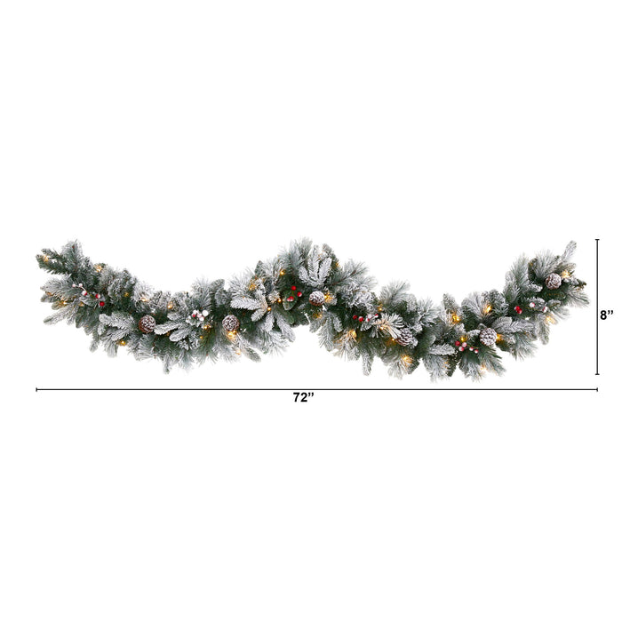 6 Flckd Garland w/50 LEDs, Pine Cones, Berries & 180 Tips