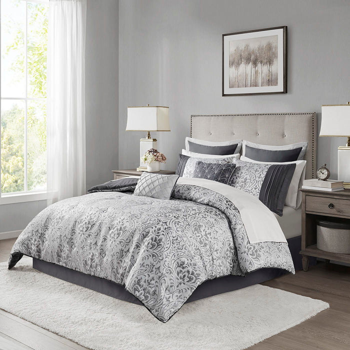 Emilia - 12 Piece Jacquard Comforter Set With Bed Sheets - Silver