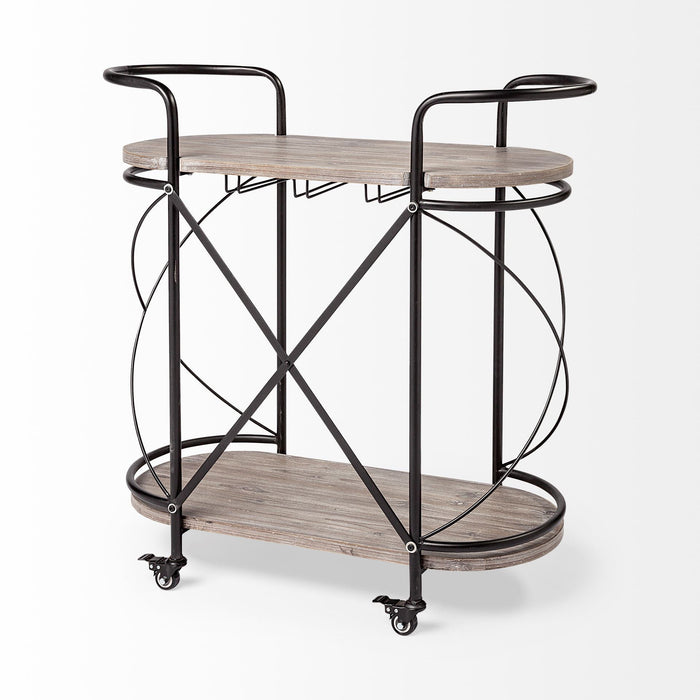 Cyclider Metal With Two Wooden Shelves Bar Cart - Black