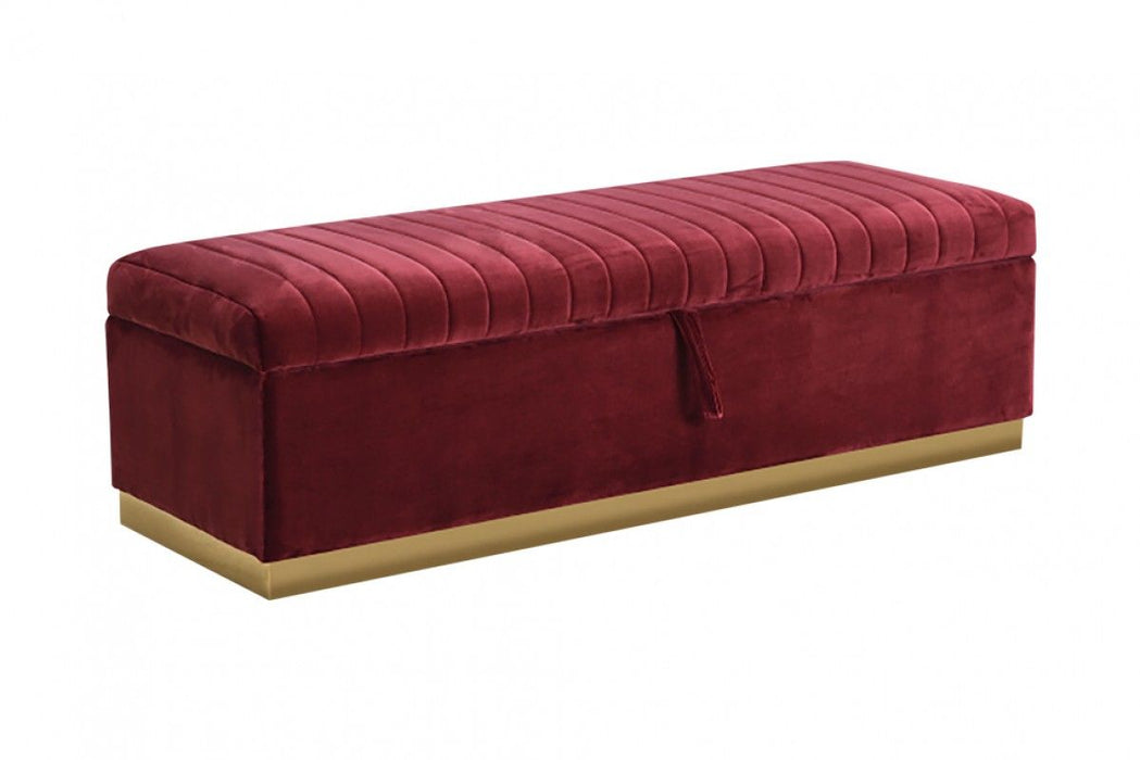 Rectangular Modern Velvet Storage Bench With Gold Metal - Red