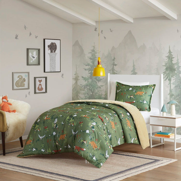 Heath - Forest Animals Plush Reversible Comforter Set - Green