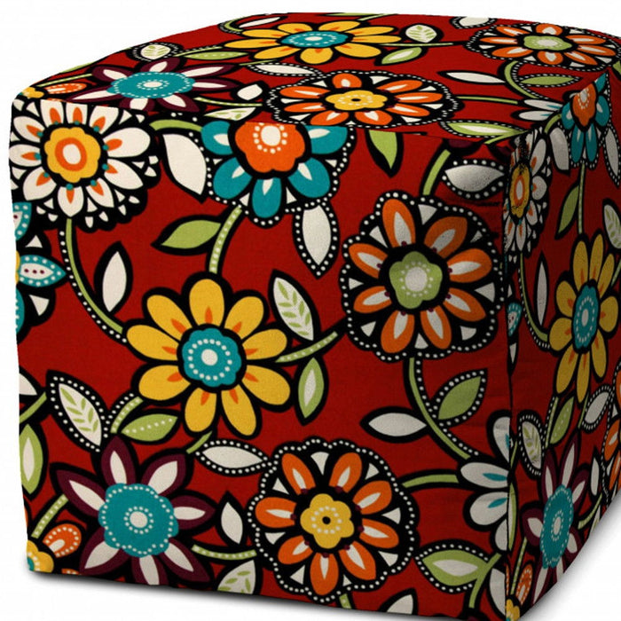 Polyester Cube Floral Indoor Outdoor Pouf Cover - Red