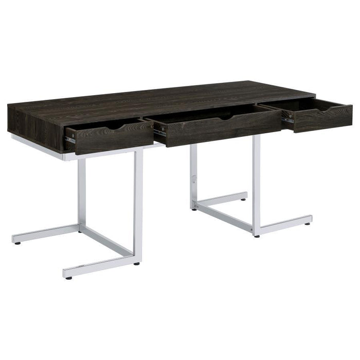 Noorvik - 3-Drawer Writing Desk - Dark Oak And Chrome - Simple Home Plus