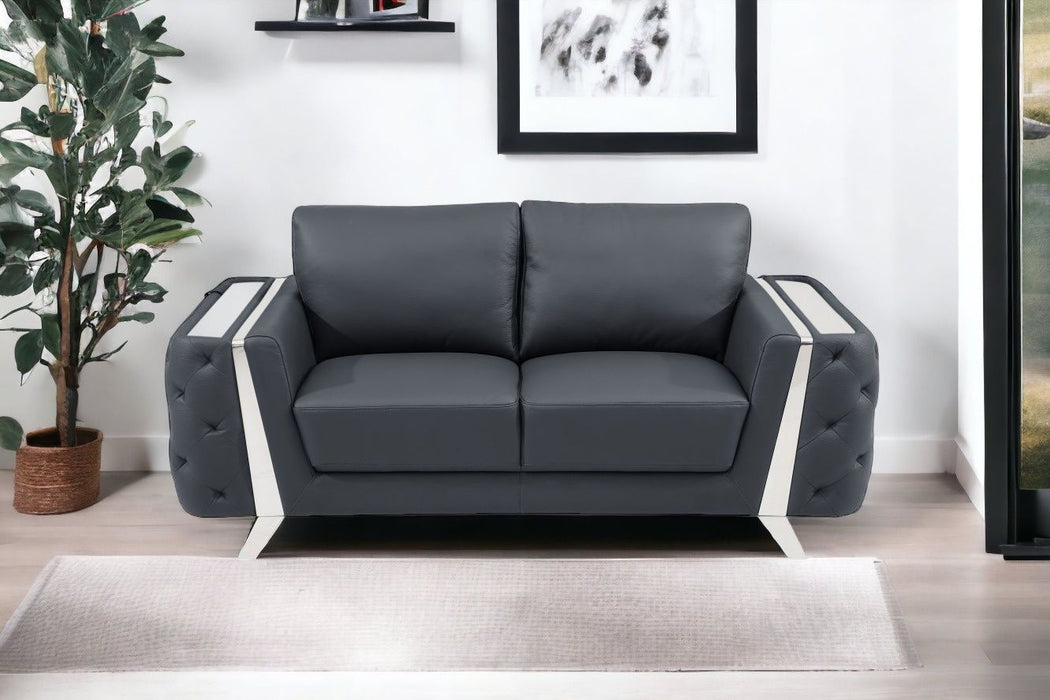 Genuine Leather Loveseat - Dark Gray / Silver