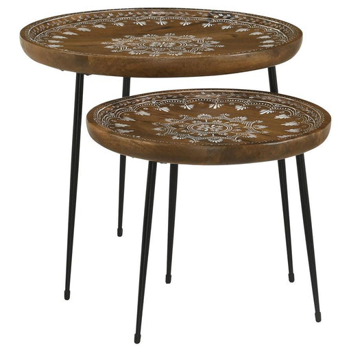 Nuala - 2 Piece Round Nesting Table With Tripod Tapered Legs - Honey And Black - Simple Home Plus