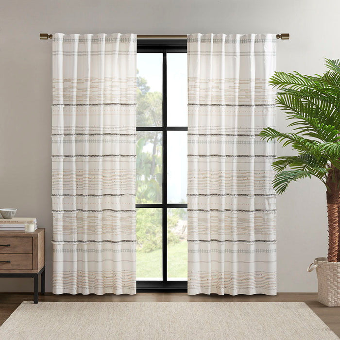 Nea - Printed Window Panel With Tassel Trim And Lining - Off White / Gray