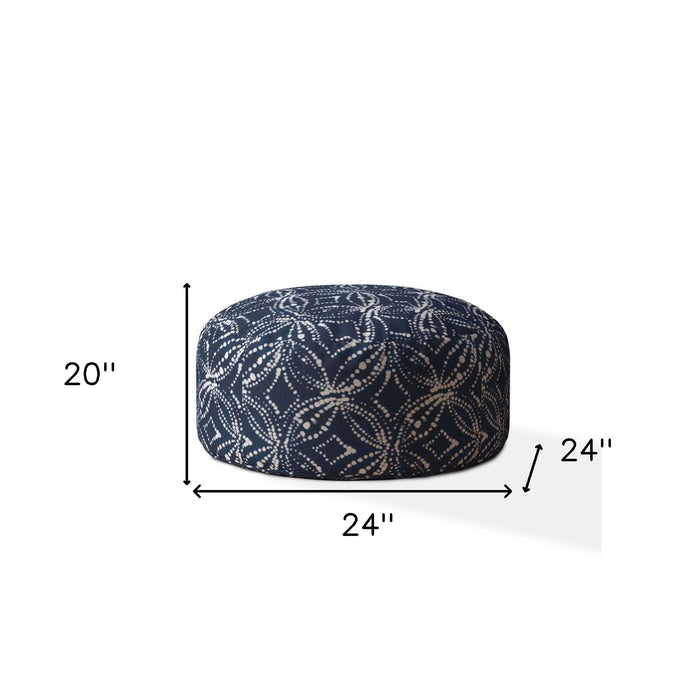 Canvas Round Damask Pouf Ottoman - Blue / White