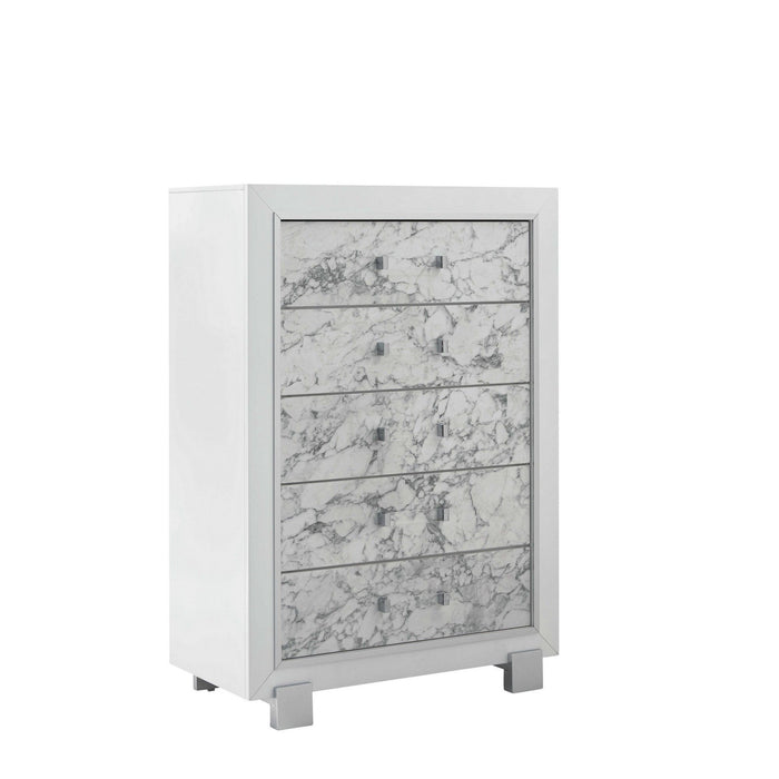 Modern Chest With 5 Faux Marble Detailed Front Drawer. - White