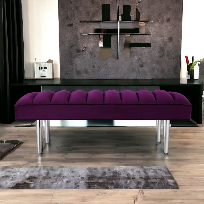 Velvet Upholstered Bench - Purple / Silver