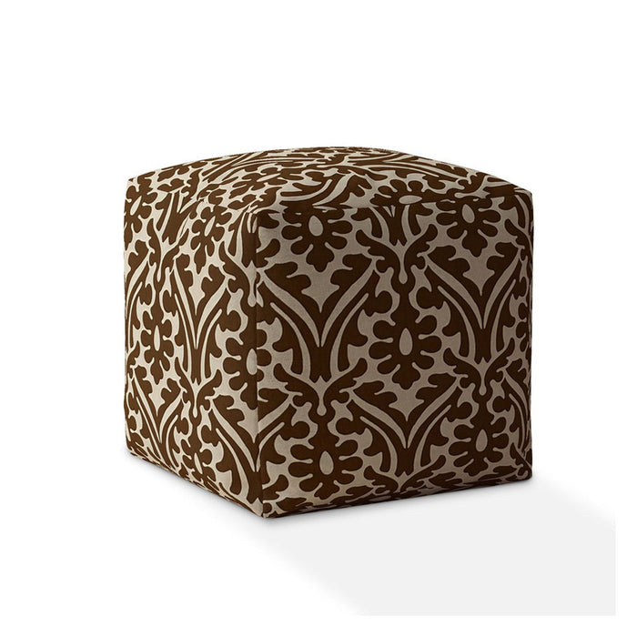 Cotton Damask Pouf Ottoman - Brown