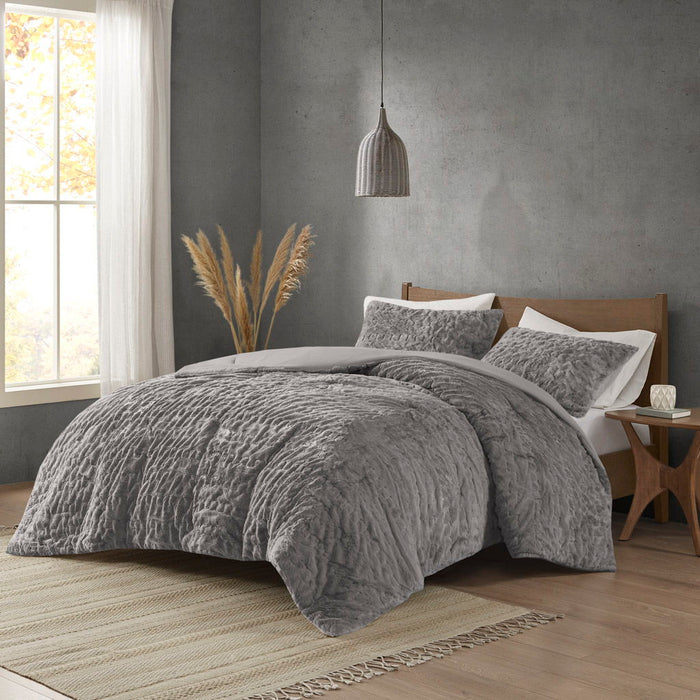 Blair - Ruched Fur Down Alternative King Comforter Set - Gray