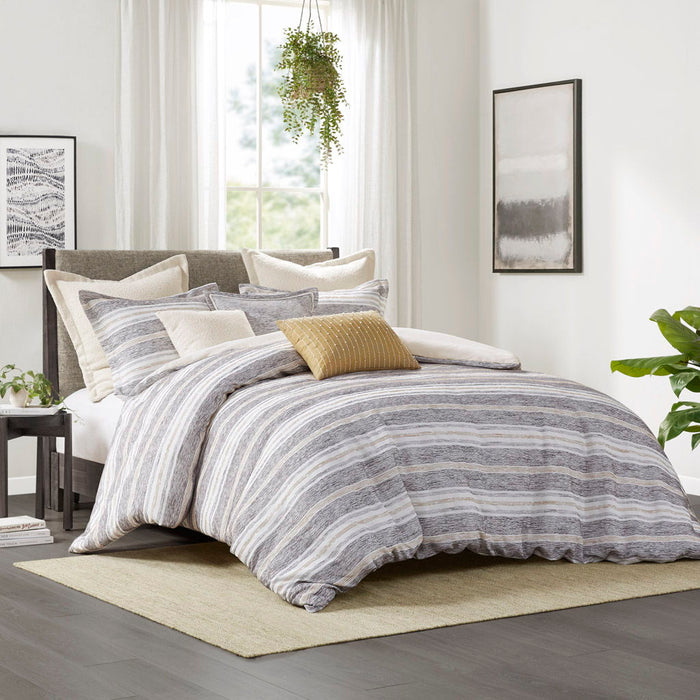 Oasis - Oversized Chenille Jacquard Striped Comforter Set With Euro Shams and Throw Pillows - Charcoal