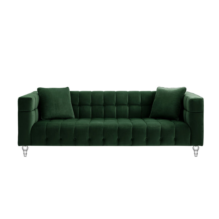 Velvet Sofa And Toss Pillows With Clear Legs - Hunter Green