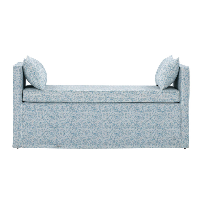 Upholstered Linen Floral Bench - Blue / Black