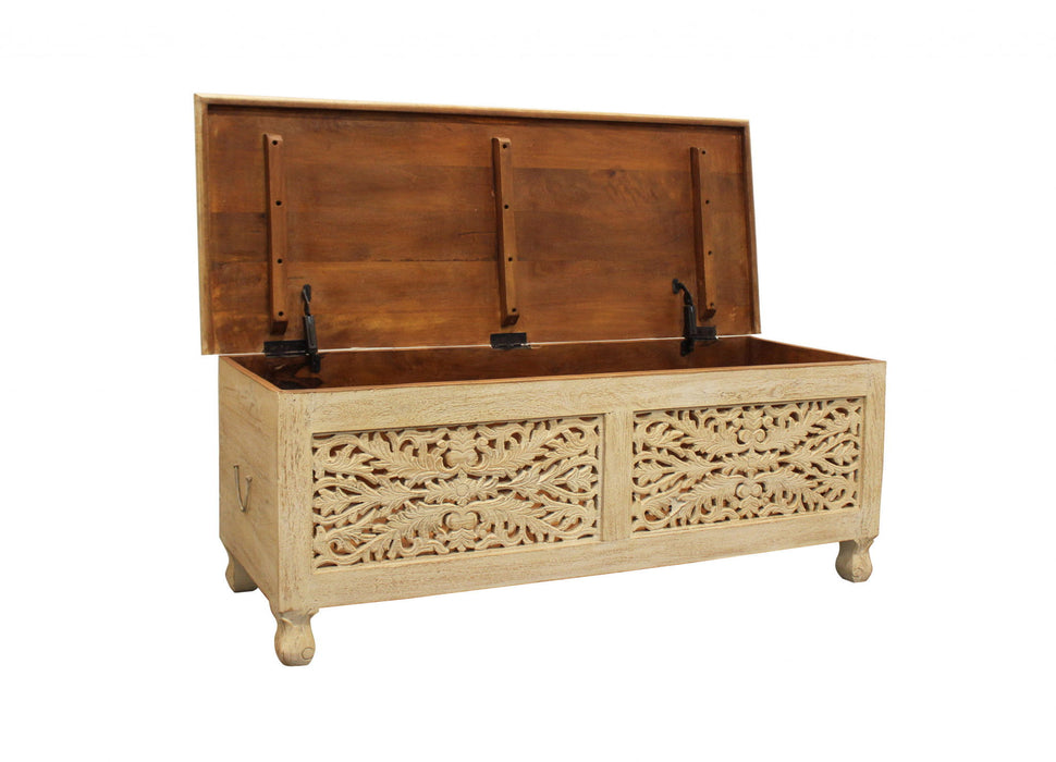 Solid Carved Wood Scroll Bench With Flip Top - Antique White