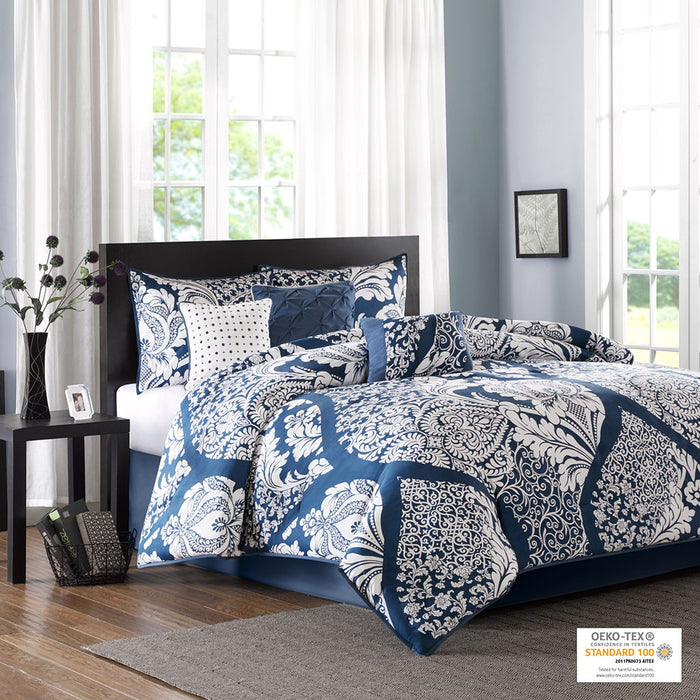 Vienna - Queen 7 Piece Printed Comforter Set - Indigo