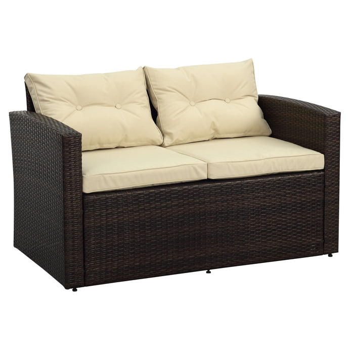 Five Piece Outdoor Wicker Sofa Seating Group With Beige Cushions - Dark Brown