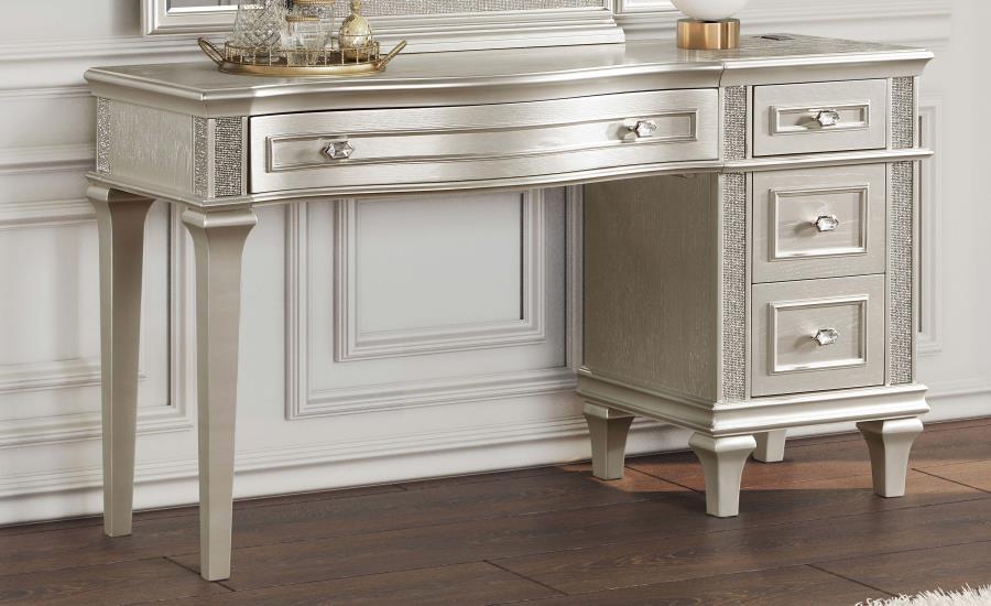 Evangeline - 4-Drawer Vanity Table With Faux Diamond Trim - Silver And Ivory - Simple Home Plus