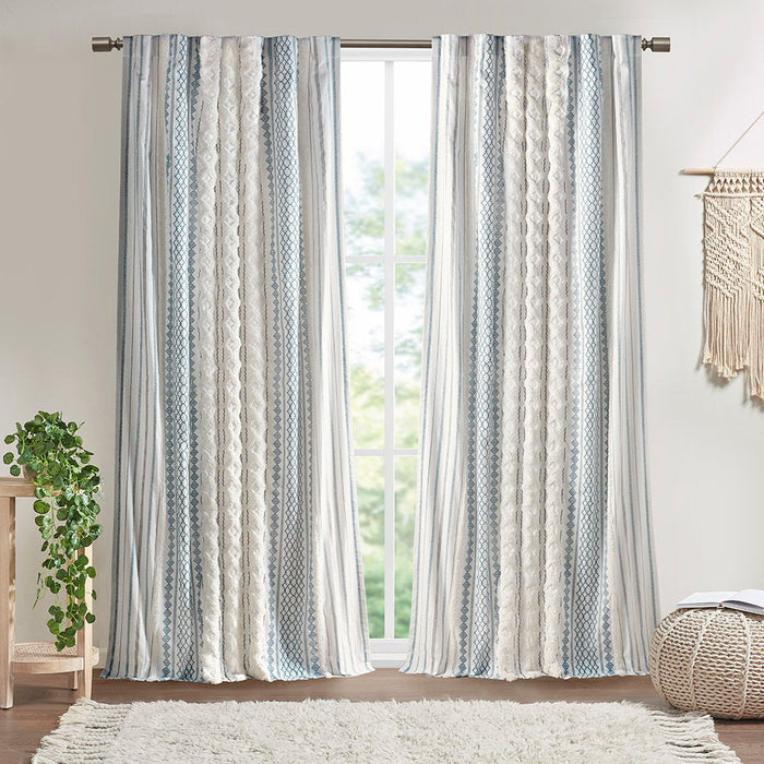 Imani - Cotton Printed Curtain Panel With Chenille Stripe and Lining - White/Navy