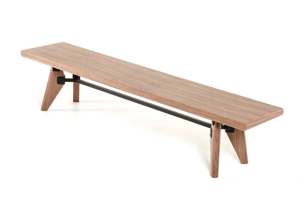 Modern Dining Bench With Silky Black Metal Support Bar - Walnut