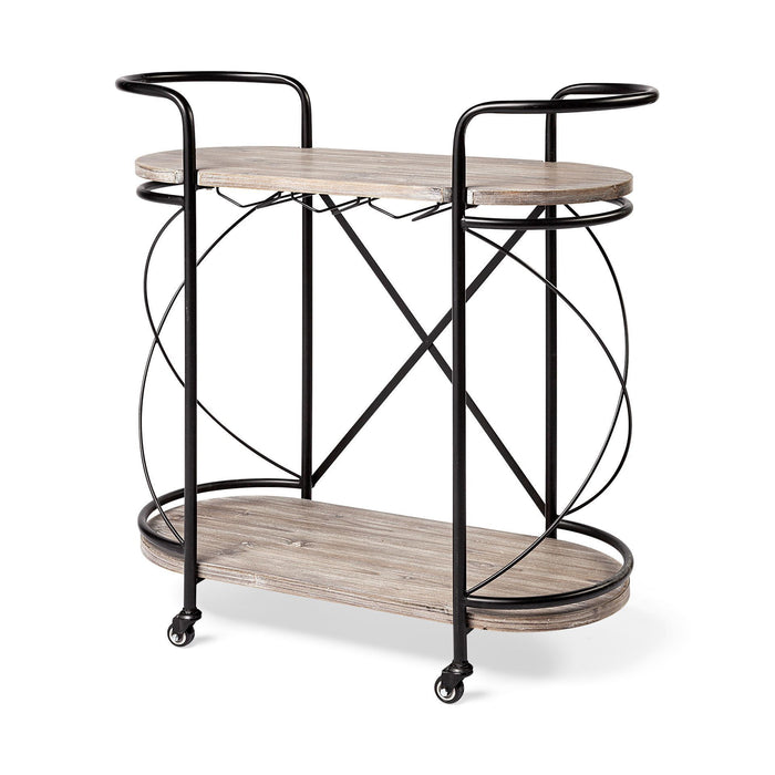 Cyclider Metal With Two Wooden Shelves Bar Cart - Black