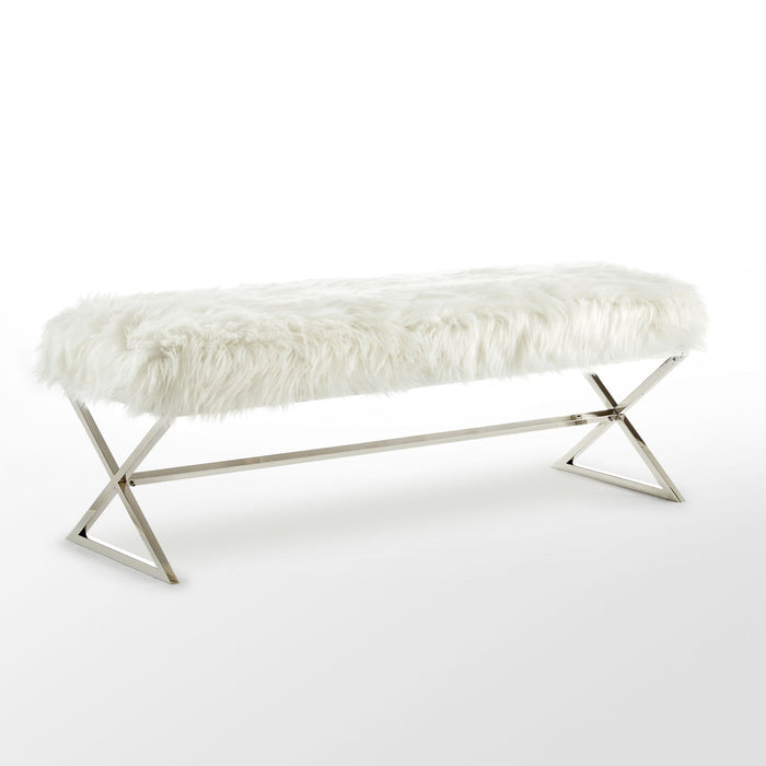 Faux Fur Bench Upholstered - White / Silver