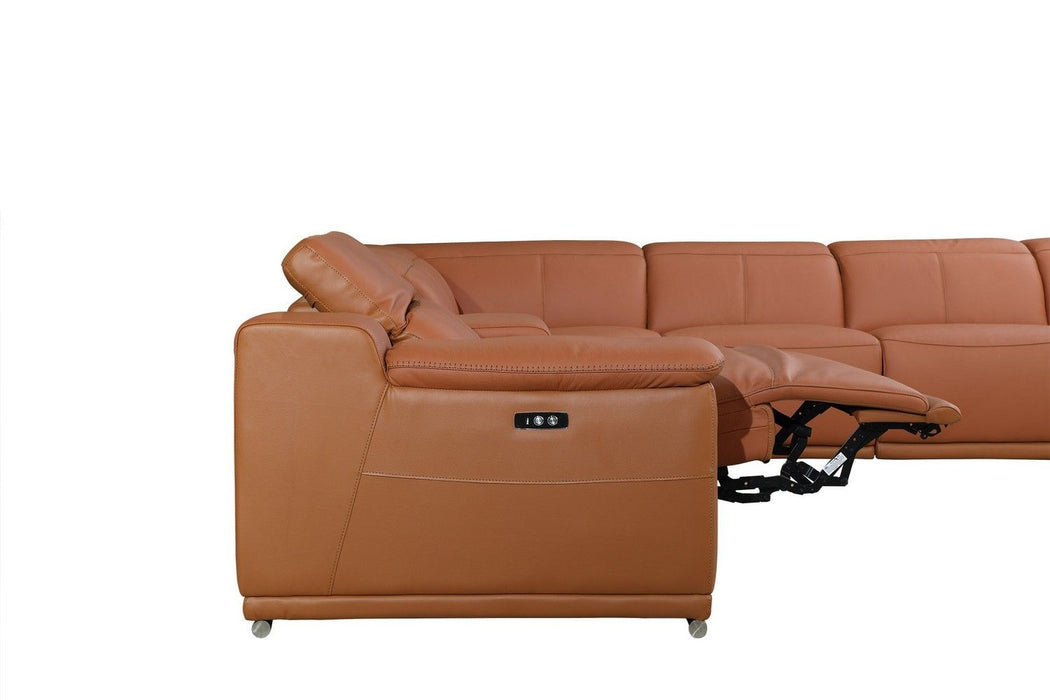 Italian Leather Power Reclining U Shaped Six Piece Corner Sectional With Console - Camel