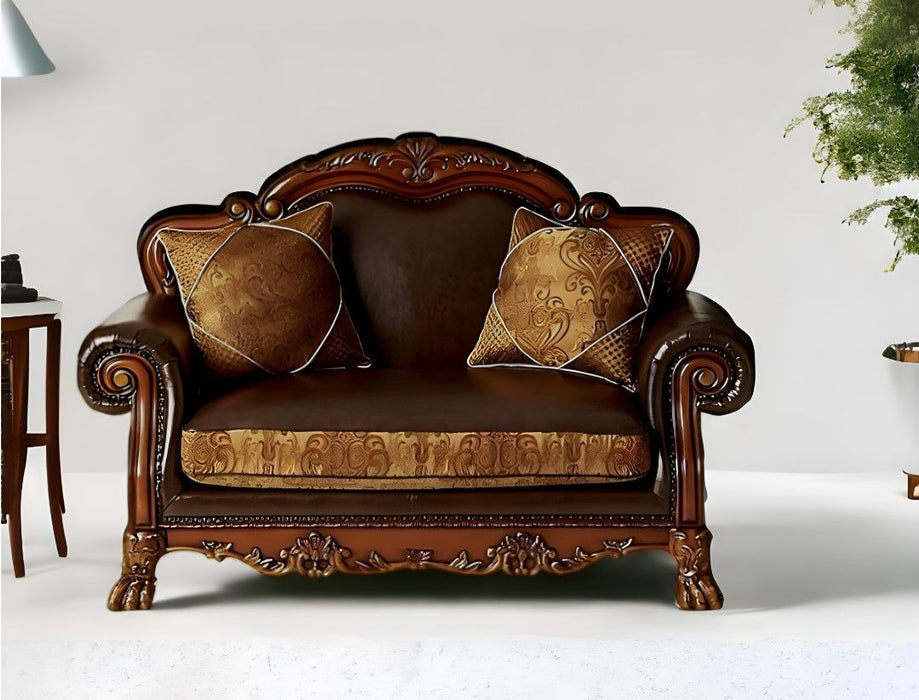 Chenille Faux Leather And Cherry Oak Love Seat - Brown