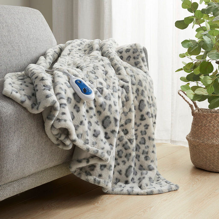 Zuri - Oversized Faux Fur Heated Throw - Gray Leopard