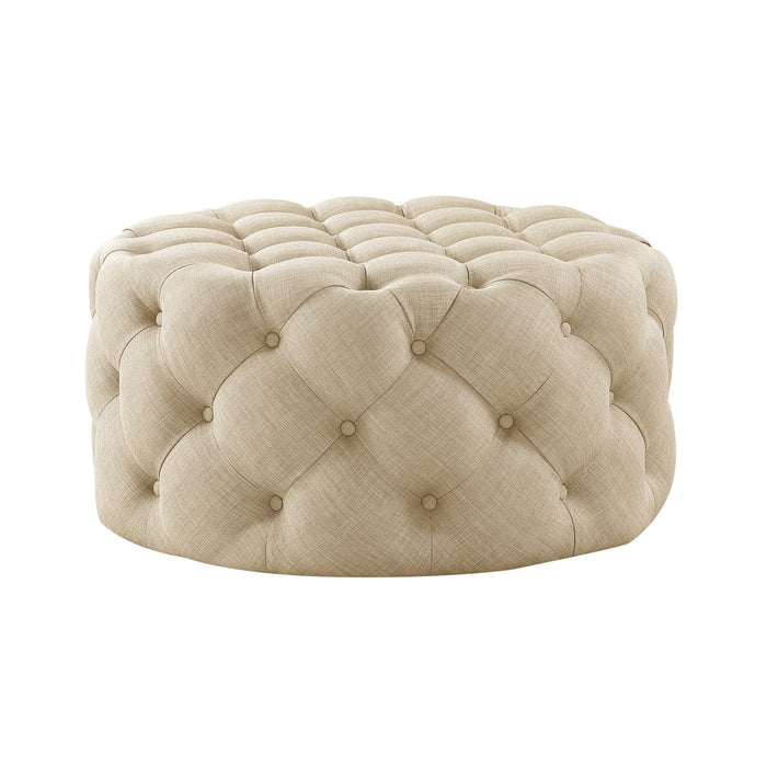 Linen Rolling Tufted Round Cocktail Ottoman - Beige