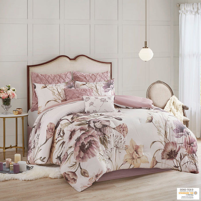 Cassandra - 8 Piece Printed Comforter Set - Blush