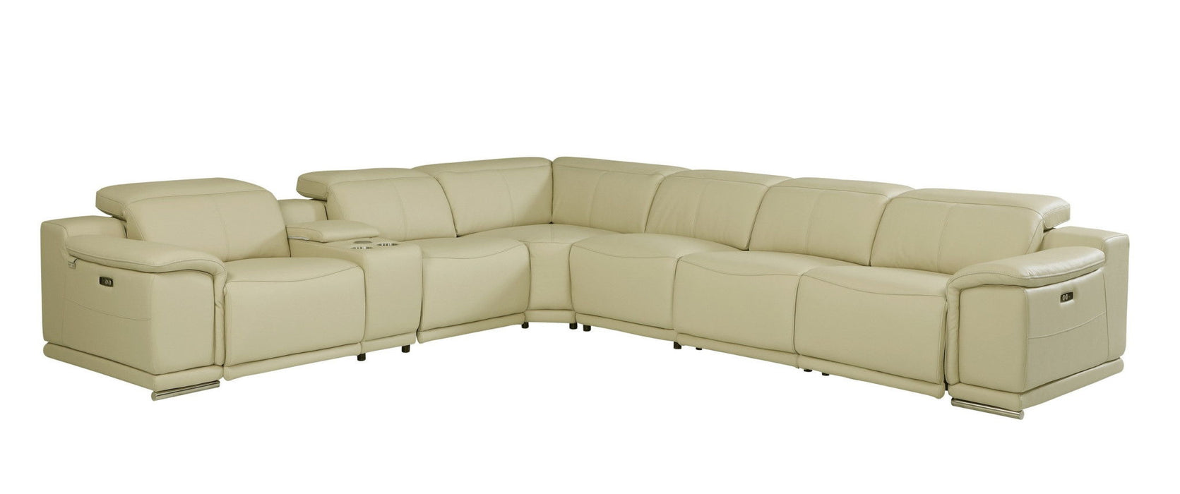 Italian Leather Power Reclining U Shaped Seven Piece Corner Sectional With Console - Beige