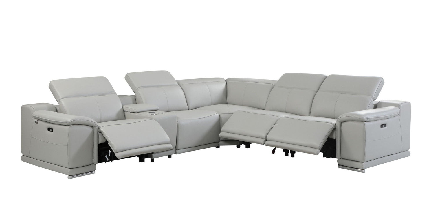 Italian Leather Power Reclining U Shaped Six Piece Corner Sectional With Console - Light Gray