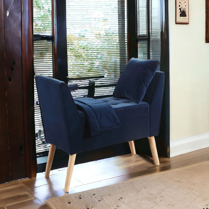 Upholstered Microsuede Bench With Flip Top - Navy Blue / Natural