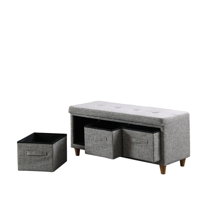 Upholstered Polyester Bench With Drawers - Gray / Brown