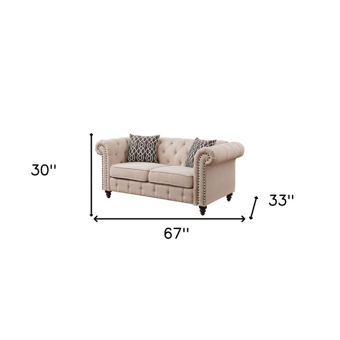 Brown Linen Loveseat - Beige / Dark