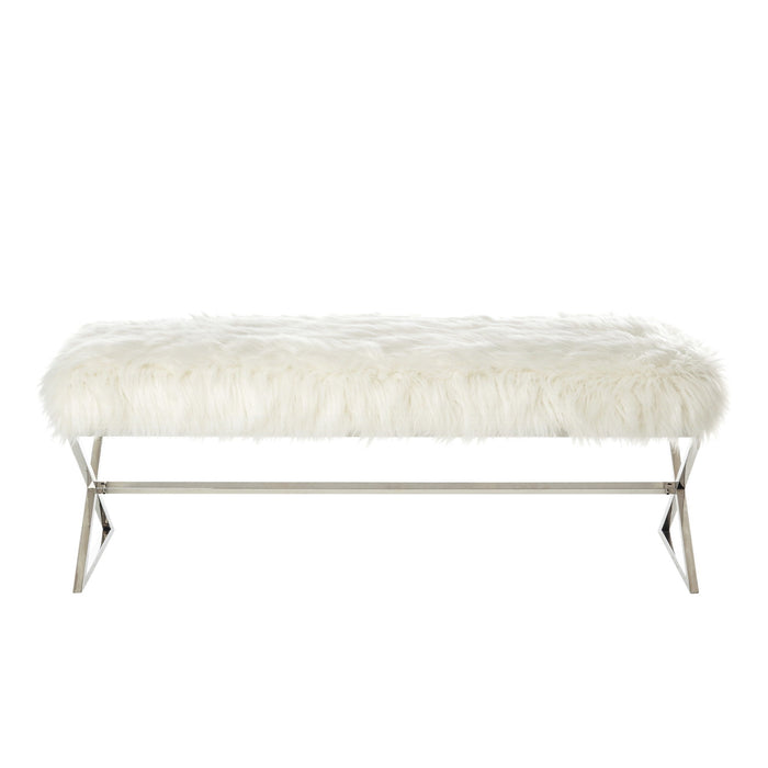 Faux Fur Bench Upholstered - White / Silver