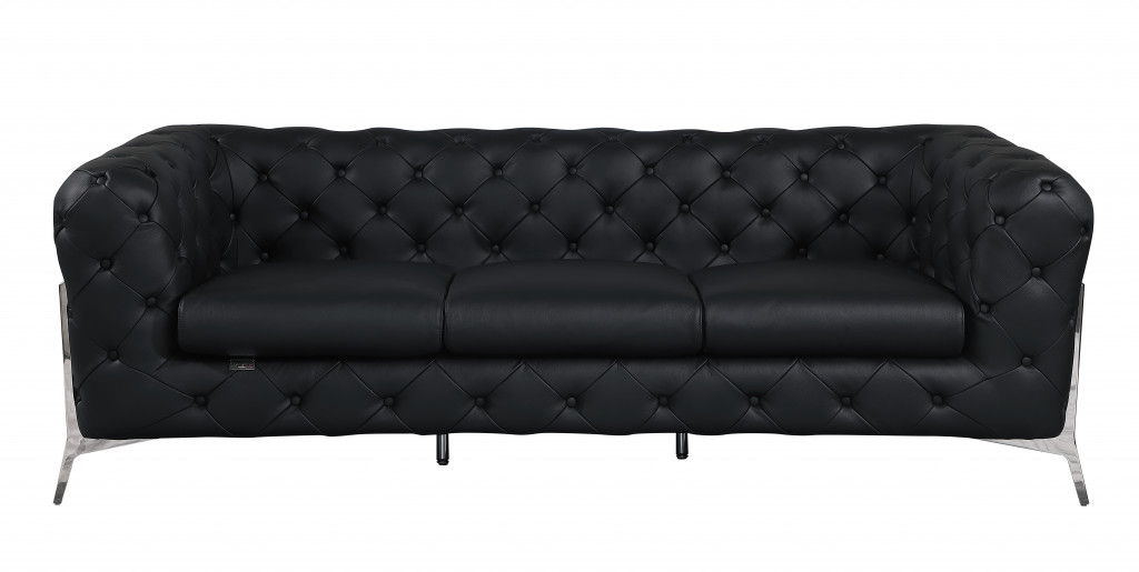 Italian Leather Sofa Silver Legs - Black