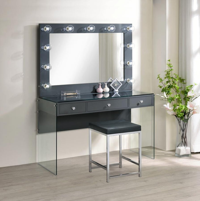 Afshan - 3-Drawer Vanity Desk With Lighting Mirror - Gray High Gloss - Simple Home Plus