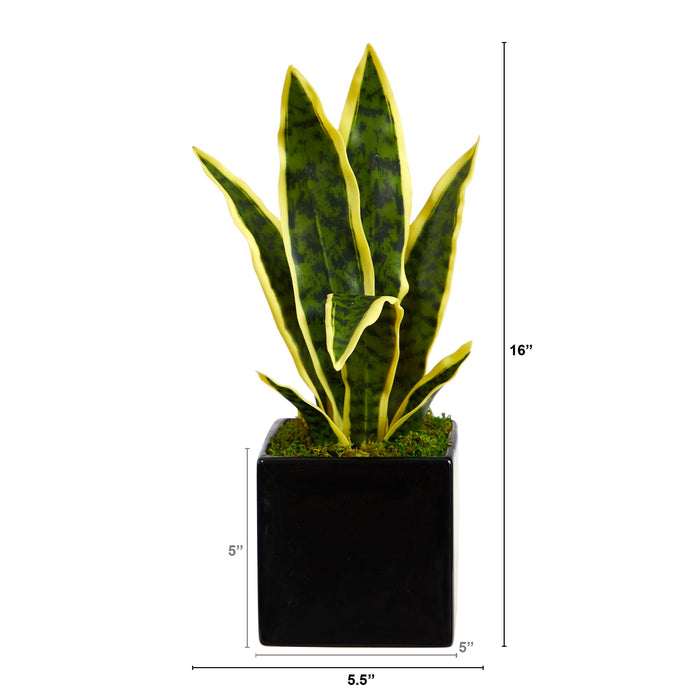 16" Sansevieria Artificial Plant in Black Planter