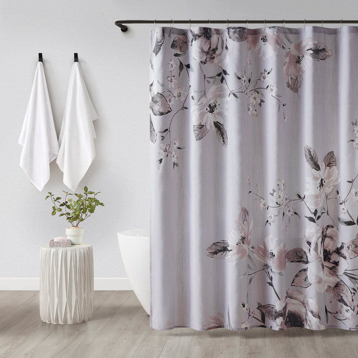 Neko - Floral Printed Cotton Shower Curtain - Lilac