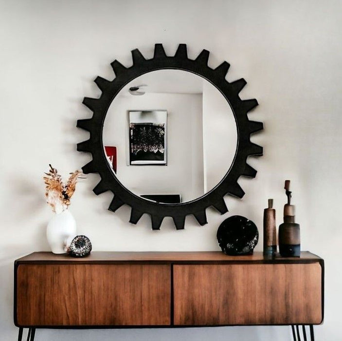 26" Cog Round Metal Frame Wall Mirror - Black