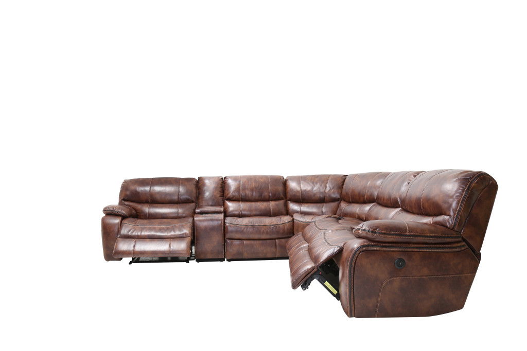 Leather Power Reclining L Shaped Six Piece Corner Sectional With Console - Brown