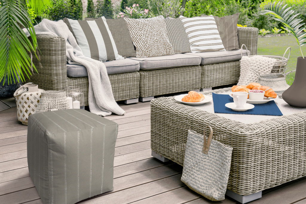 Polyester Cube, Striped Indoor Outdoor Pouf Ottoman - Taupe